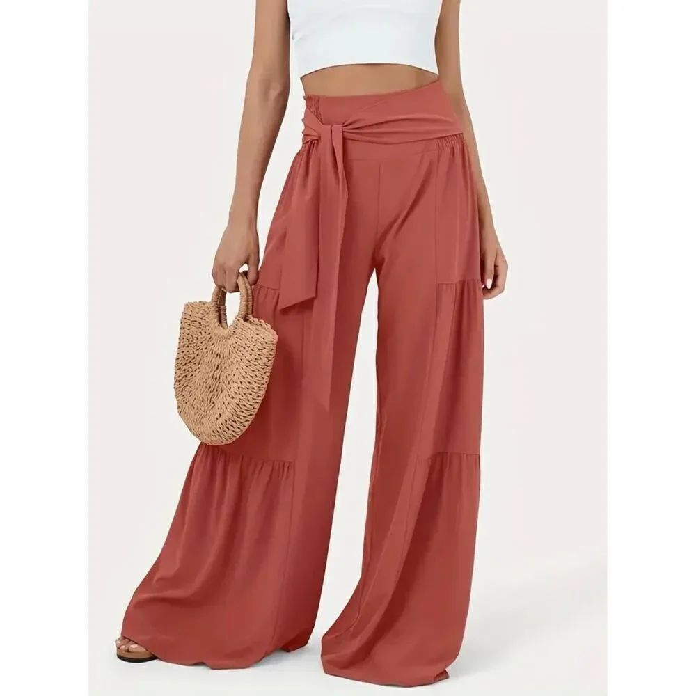 NWT Gorgeous Sz. L High Waisted Red Tie Front/Back Wide Leg Flowy Tiered Pants